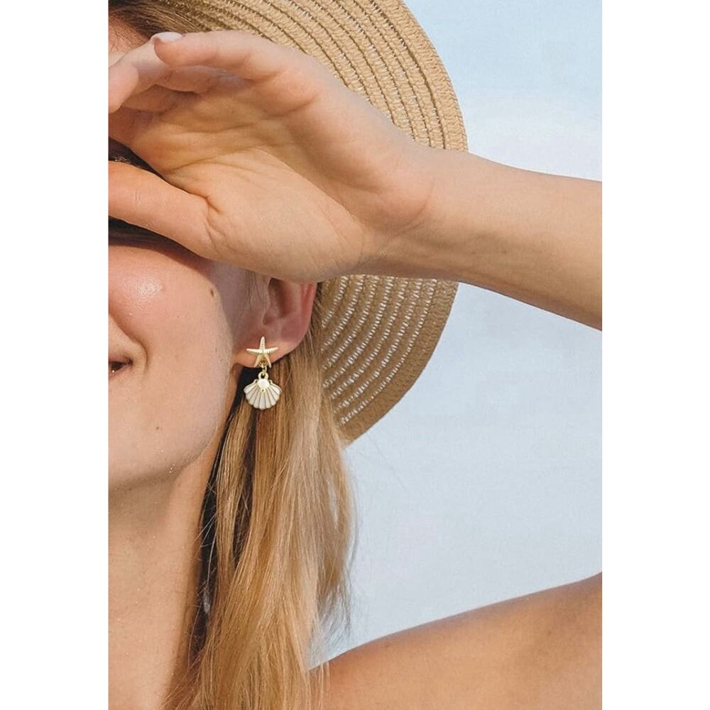 Anthropologie Seashell Earrings Starfish Pearl Gold Shell Boho 14k Plated Stud - Picture 5 of 9